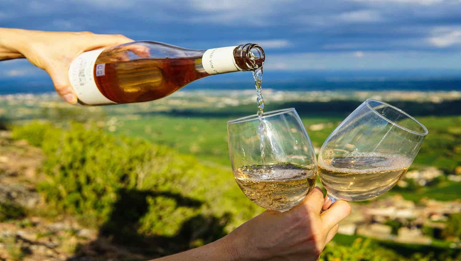 Wine being poured into glasses amidst scenic landscape