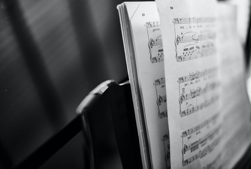 A side view of sheet music at a piano