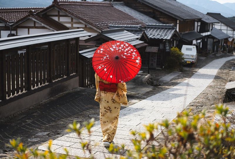Woman in a kimono walking away