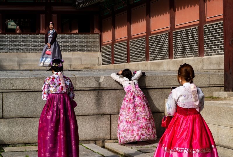 Four girls in traditional Korean dresses