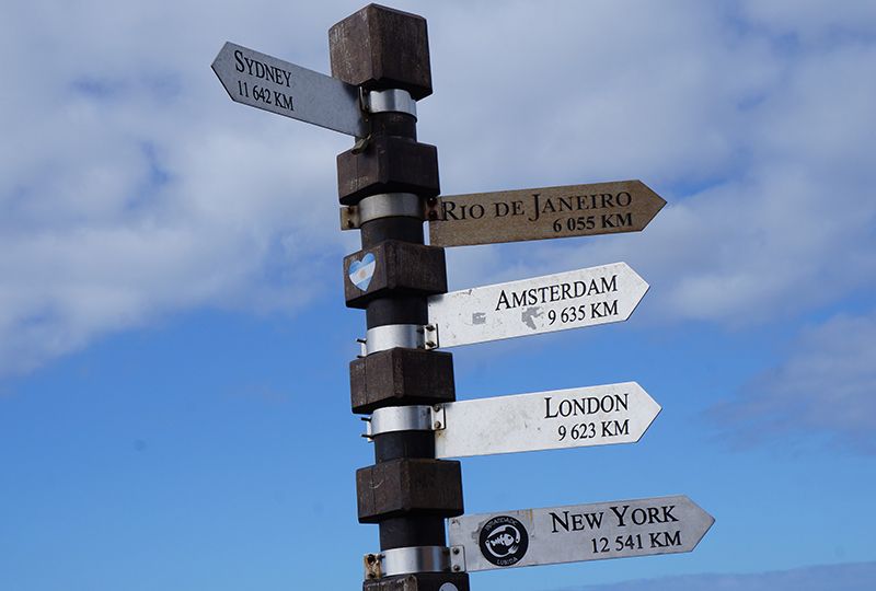 A sign post with the names of cities around the world