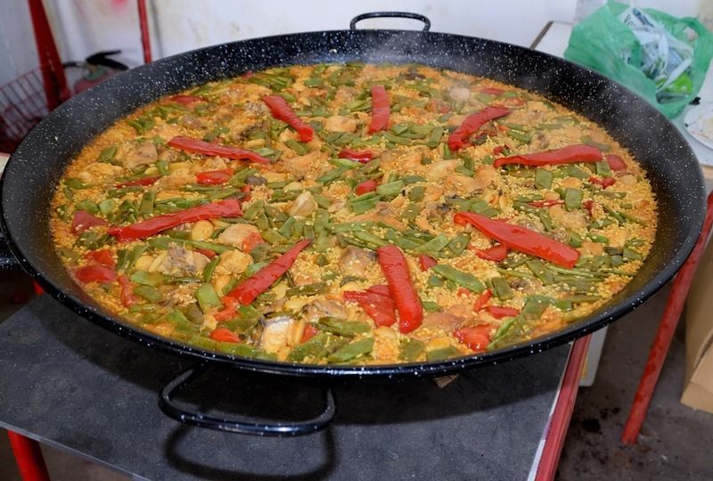 A large pan of paella