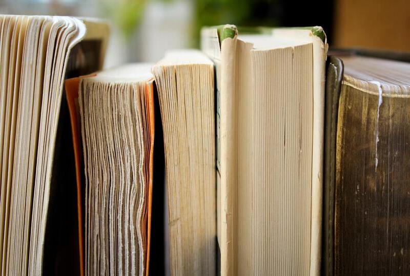 A close-up of five books standing next to one another