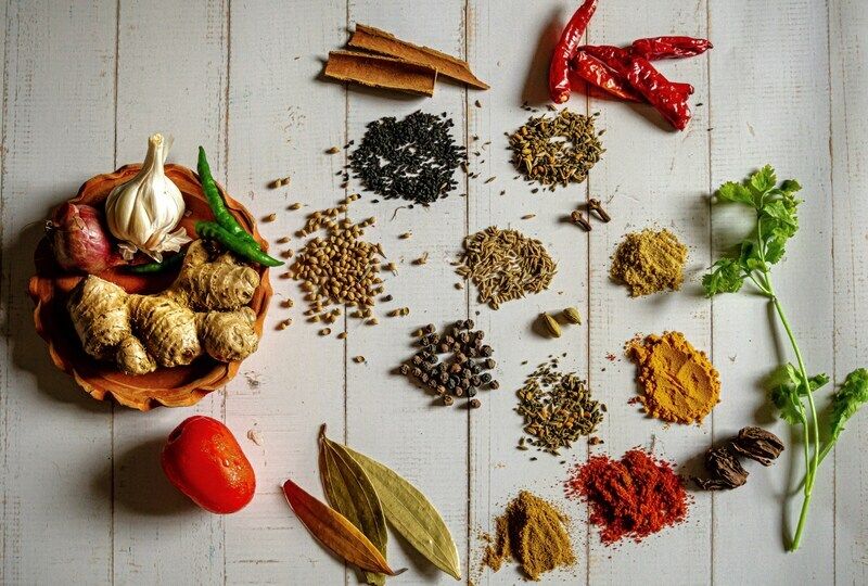 Spices laid out next to one another